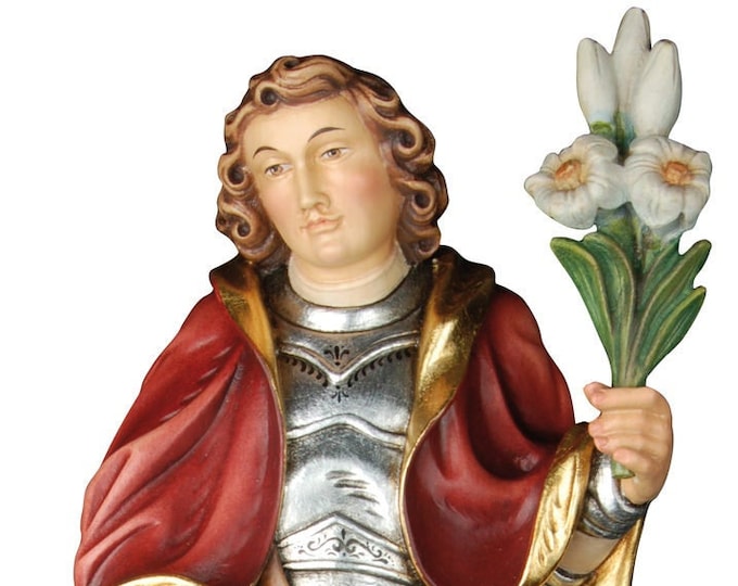 Statue of St. Amerigo with lily and crown, carved in wood from Valgardena and hand-decorated of Italian craftsmanship