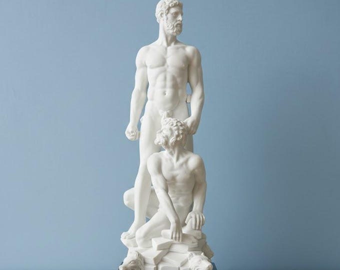 Classical sculpture "Hercules and Cacus", 48 cm (18.89 inches) in alabaster powder, marble base, handcrafted, made in Italy