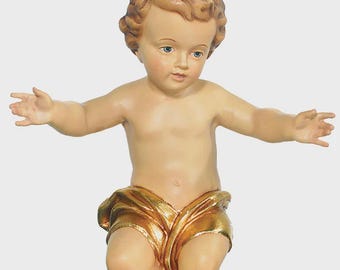 Baby Jesus sculpture statue, carved from Valgardena wood and hand-decorated, Italian artisan production.