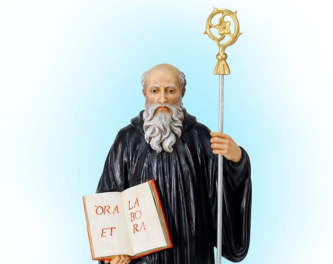 Statue of Saint Benedict of Nursia 100 cm (39.37 inches) in hand-decorated resin with painted eyes or in glass, Italian artisan production