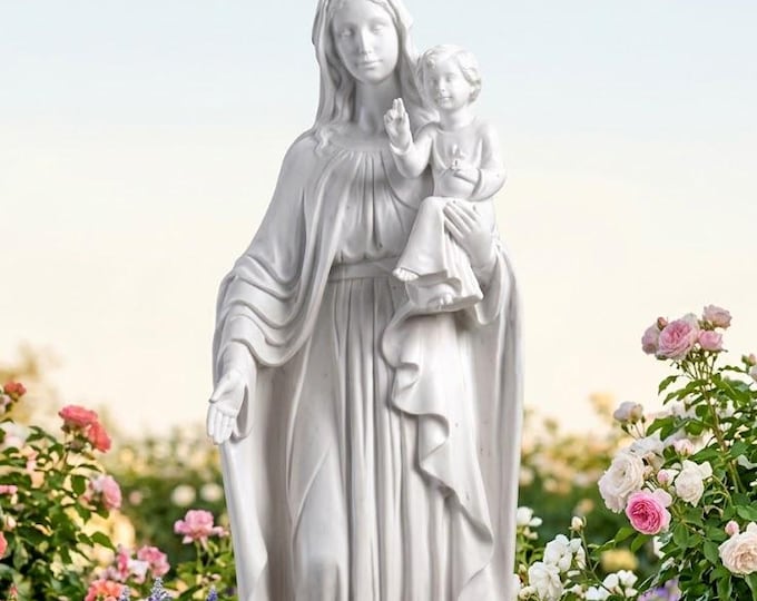 Statue of the Madonna with baby Jesus, 90 cm (35.43 inches) in alabaster powder, marble base, handcrafted, made in Italy