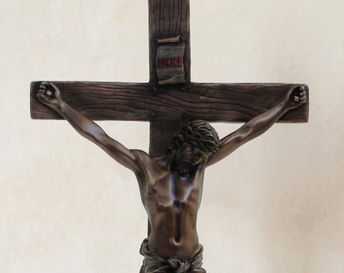 Free-standing crucifix with removable base, 34 cm (13.38 inches) in bronzed resin marble, handcrafted in Italy