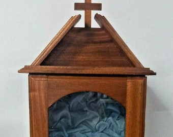 Wooden display case, handcrafted, with fabric interior, 63 cm (24.80 inches), folding door for 30/35 cm statues, handcrafted production
