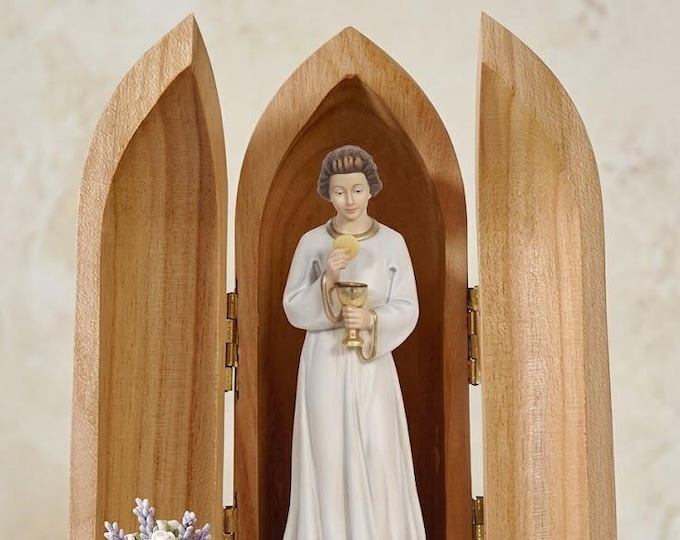 Statue of the Angel of Portugal, Fatima with niche, carved in Valgardena wood, hand-decorated, made in Italy