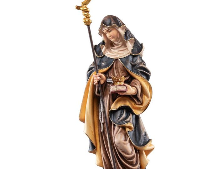 Sculpture of Saint Ermenegarda carved in Valgardena wood, hand-decorated and handcrafted in Italy.