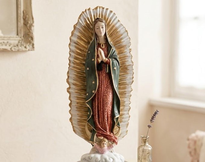 Statue of Our Lady of Guadalupe, 40 cm (15.74 inches), made of alabaster powder, with a wooden base, hand-decorated, made in Italy