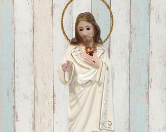 Statue of Jesus Sacred Heart, 24 cm (9.44 inches) with glass eyes, made of resin, hand decorated, artisanal production