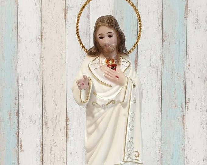 Statue of Jesus Sacred Heart, 24 cm (9.44 inches) with glass eyes, made of resin, hand decorated, artisanal production