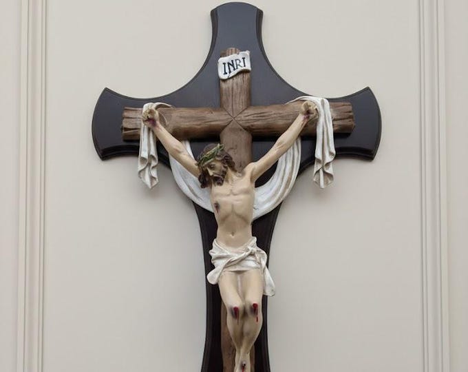 Hanging crucifix cross, 46 x 28.5 cm (18.11 x 11.22 inches) wood with marble resin body hand-decorated, artisanal production