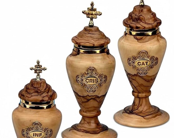 Holy Oil Set for liturgical celebration, 20 cm (7.87 inches) in olive wood with internal glass ampoule, Italian artisan production