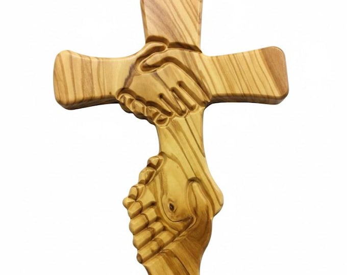 Crucifix cross of friendship, cm 28 x 17.5 (11.02 x 6.88 inches) in olive wood, handcrafted in Italy