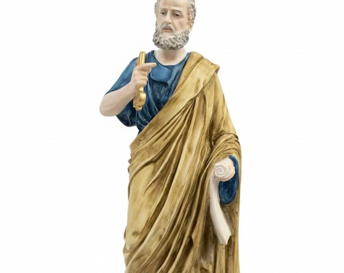 Statue of Saint Peter, 29 cm (11.41 inches) in alabaster powder, wooden base, hand-decorated, made in Italy