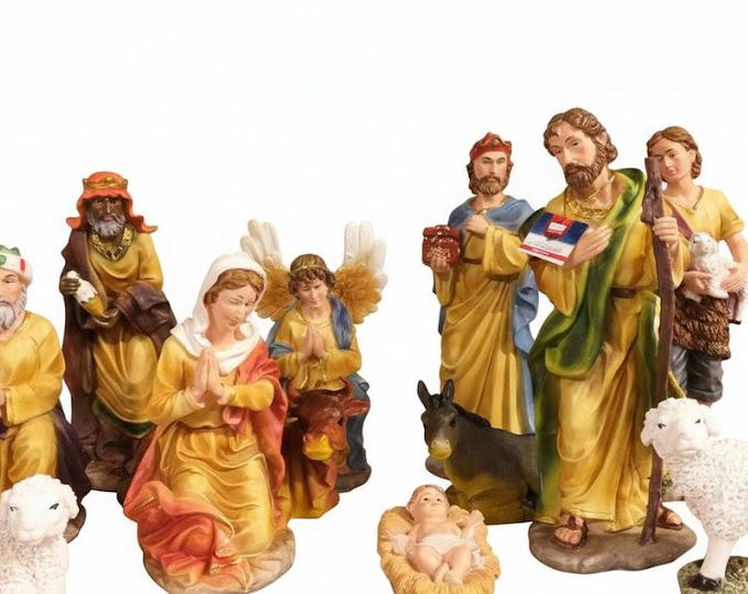 Complete nativity scene 35 cm (13.77 inches) composed of 12 pieces in hand-decorated resin ideal for outdoors and indoors