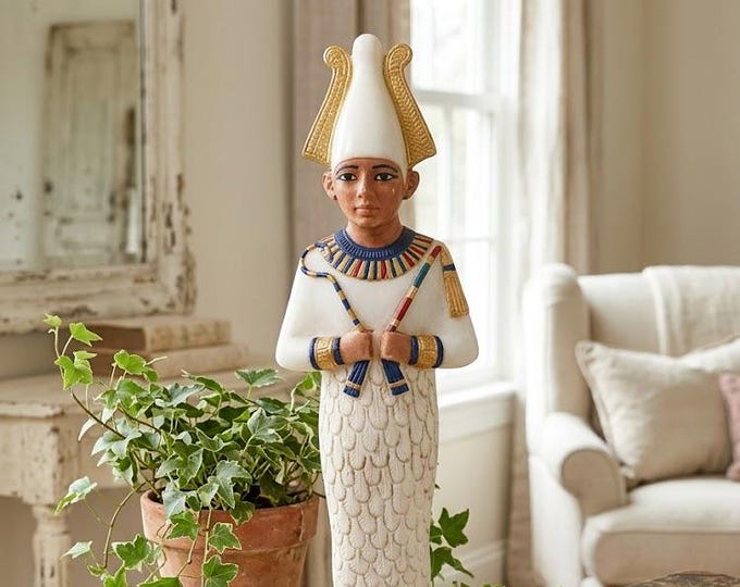 Classical Egyptian Art sculpture "Osiris", 32 cm (12.59 inches) in hand-decorated alabaster powder, marble base, made in Italy