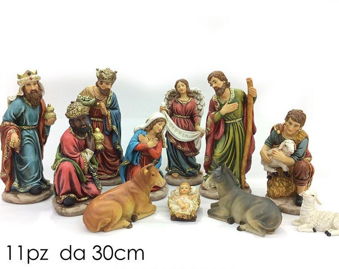 Complete nativity scene cm 30 (11.81 inches) consisting of 11 pieces in resin handmade decoration ideal for exteriors and interiors