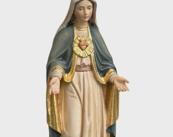 Statue of the Sacred Heart of Mary, carved in Valgardena wood, hand-decorated, Italian artisan production, various sizes