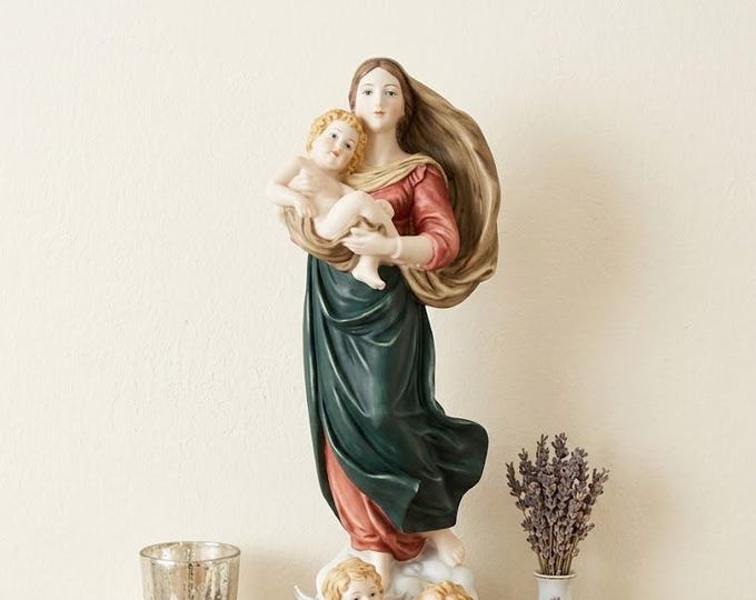 Statue of the Sistine Madonna 42 cm (16.53 inches) in alabaster powder, wooden base, hand decorated, made in Italy