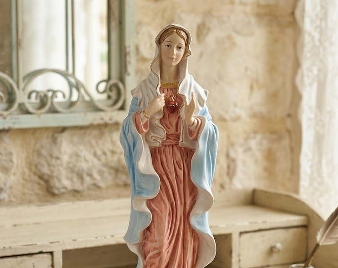 Statue of the Sacred Heart of Mary 40 cm (15.74 inches) in alabaster powder, wooden base, hand decorated, made in Italy