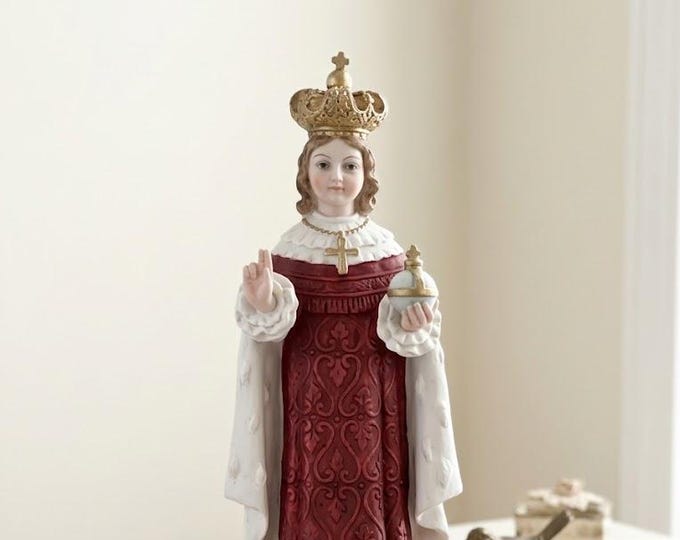 Statue of the Infant Jesus of Prague, 29 cm (11.41 inches), made of alabaster powder, with a wooden base, hand-decorated, made in Italy