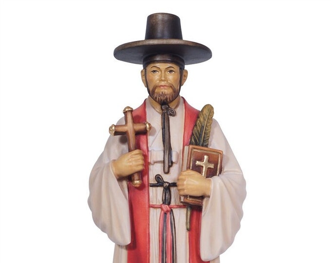 Statue of Saint Kim of Korea carved in Valgardena wood and hand decorated, Italian artisan production