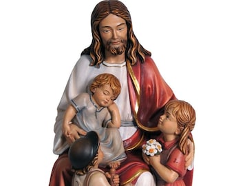 Statue of Jesus with children, carved in wood from Valgardena and hand-decorated with Italian craftsmanship