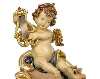 Holy water stoup with angel, carved in Valgardena wood decorated by hand with oil and gold leaf colors, of Italian production