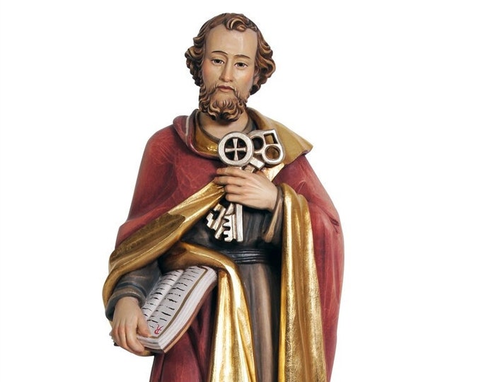 Statue of St. Peter carved in Valgardena wood and hand decorated, Italian artisan production