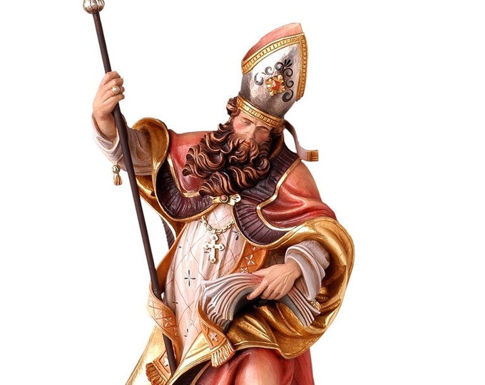 Statue of St. Rudolph with book, carved in wood from Valgardena and hand-decorated with Italian craftsmanship