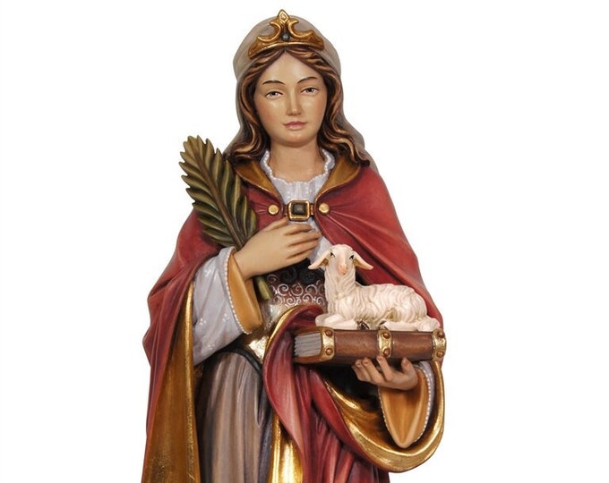 Statue of Saint Agnes carved in Valgardena wood and hand decorated, Italian artisan production