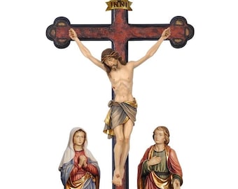 Sculpture group crucifixion carved in wood of Valgardena decorated by hand of Italian artisan production various sizes available