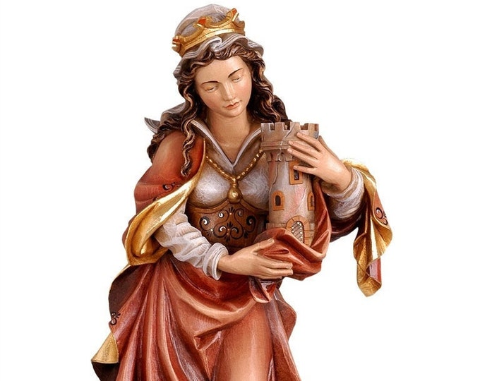 Statue of Saint Barbara carved in Valgardena wood and hand decorated, Italian artisan production