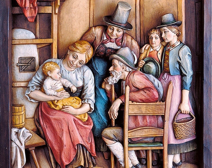Bas-relief sculpture "visit from grandparents", carved in wood of Valgardena decorated by hand of Italian artisan production