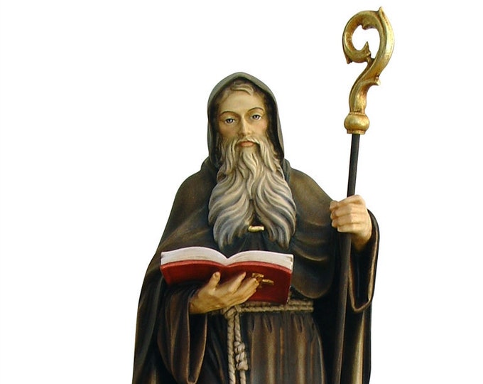 Statue of San Benedetto da Norcia carved from Valgardena wood and hand decorated with Italian craftsmanship
