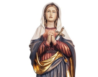 Statue of Our Lady of Sorrows, carved from Valgardena wood and hand-decorated, Italian artisan production.