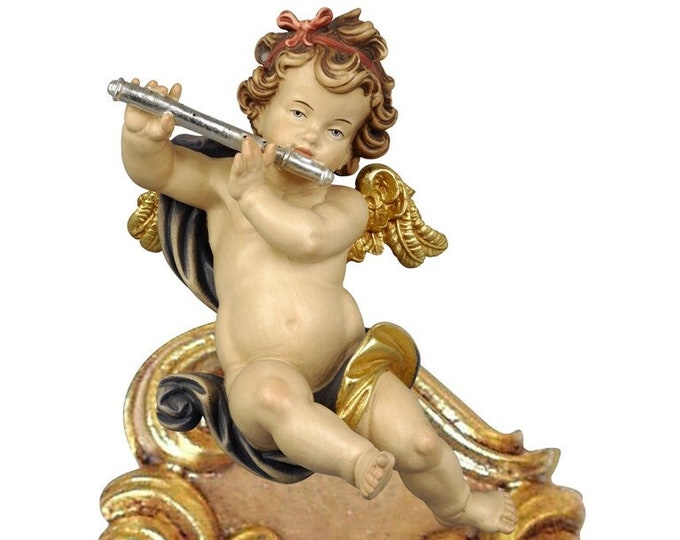 Holy water stoup with angel, carved in Valgardena wood decorated by hand with oil and gold leaf colors, of Italian production