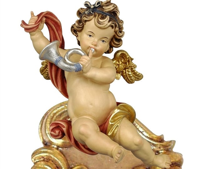 Holy water stoup with angel, carved in Valgardena wood decorated by hand with oil and gold leaf colors, of Italian production