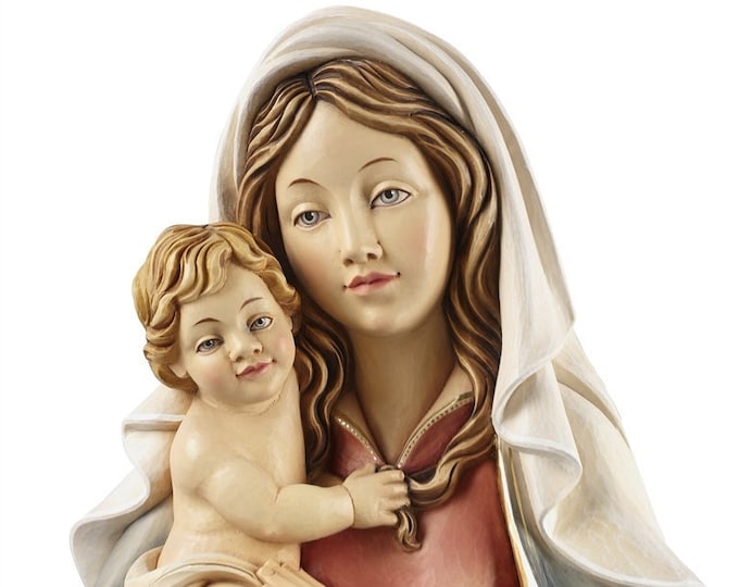 Sculpture of the Madonna and Child to hang carved in valgardena wood decorated by hand of Italian artisan production