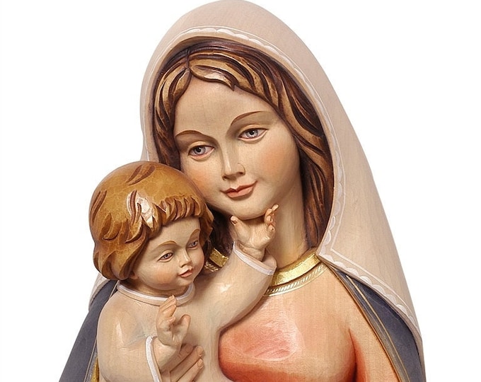 Sculpture of the Madonna and Child to hang carved in valgardena wood decorated by hand of Italian artisan production