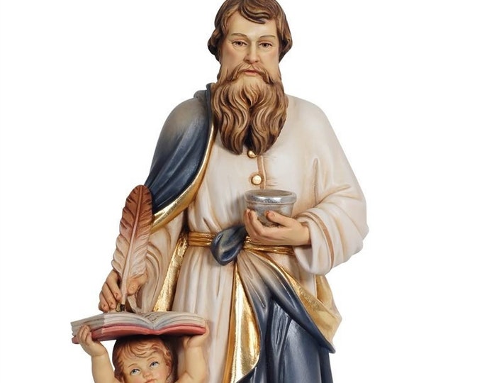 Statue of Saint Matthew the Evangelist with angel carved in Valgardena wood and hand decorated, Italian artisan production