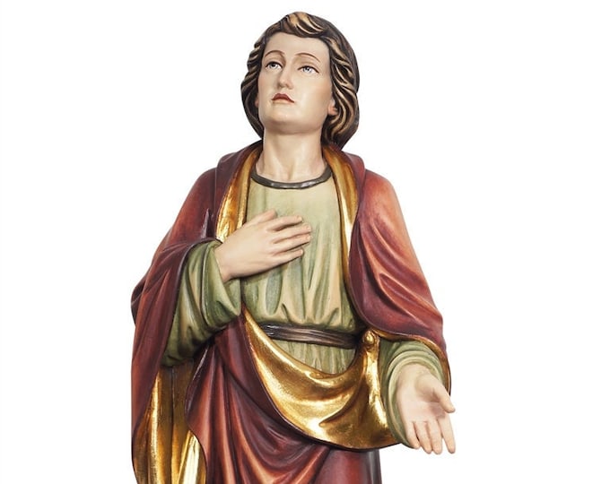 Statue of St. John under the cross, carved in hand-decorated Val Gardena wood of Italian production