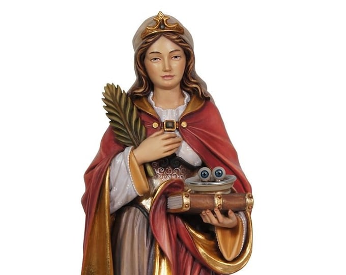 Statue of Saint Lucia carved in Valgardena wood and hand decorated, Italian artisan production