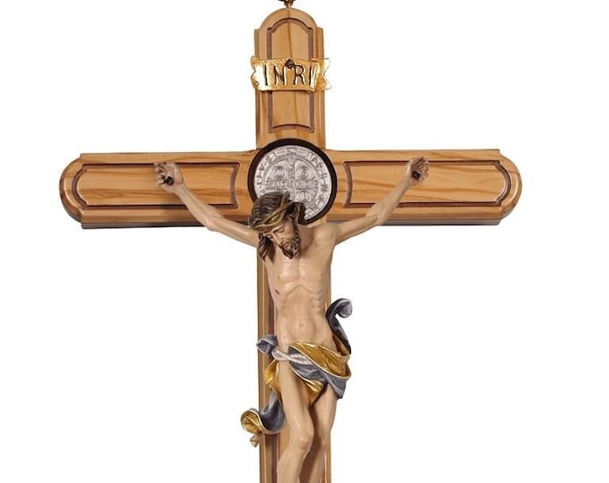 Crucifix cross in olive tree of San Benedetto cm 15 (5,90 inches), Christ carved in wood of Valgardena Italian artisan production