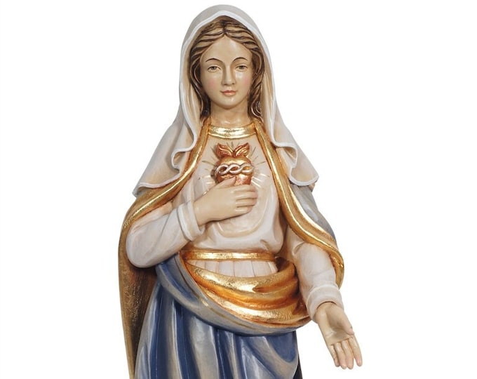 Statue of the Madonna Sacred Heart of Mary, carved in Valgardena wood and hand decorated, Italian artisan production