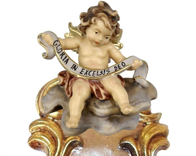 Holy water stoup with angel, carved in Valgardena wood decorated by hand with oil and gold leaf colors, of Italian production
