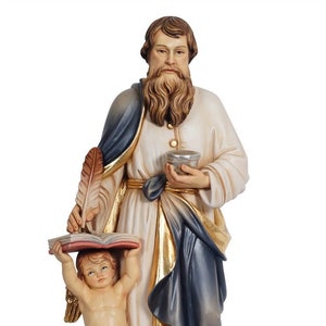 Statue of Saint Matthew the Evangelist with angel carved in Valgardena wood and hand decorated, Italian artisan production