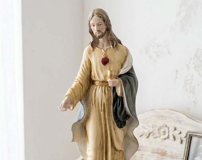 Statue of Jesus Eucharist, 40 cm (15.74 inches) in alabaster powder, wooden base, hand decorated, made in Italy