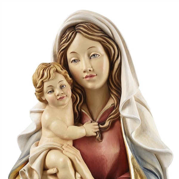 Skulptur der Madonna mit Kind zum Aufhängen in Valgardena Holz geschnitzt von Hand aus italienischer Handwerkskunst