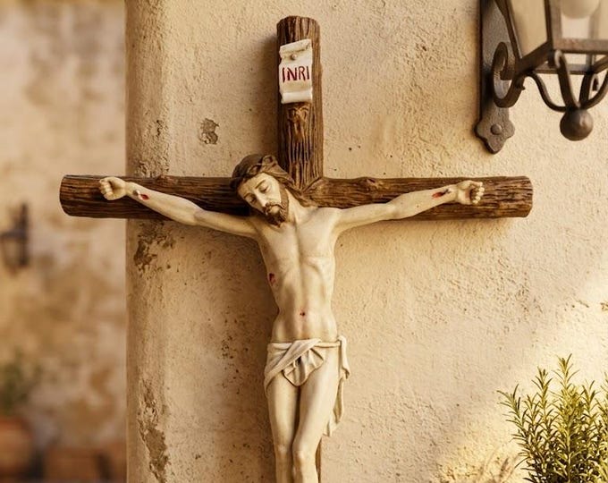 Crucifix cross cm 31 x 22 (12.20 x 8.66 inches) in marble resin hand decorated, Italian artisan production