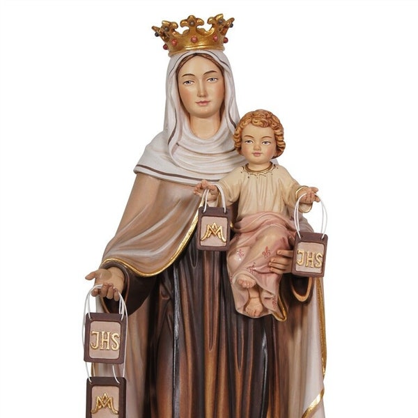 Statua della Madonna del Carmelo Carmine scolpita in legno della Valgardena e decorata a mano di produzione artigianale italiana