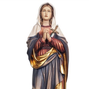 Statue of Our Lady of Sorrows, carved in Valgardena wood and hand decorated, Italian artisan production